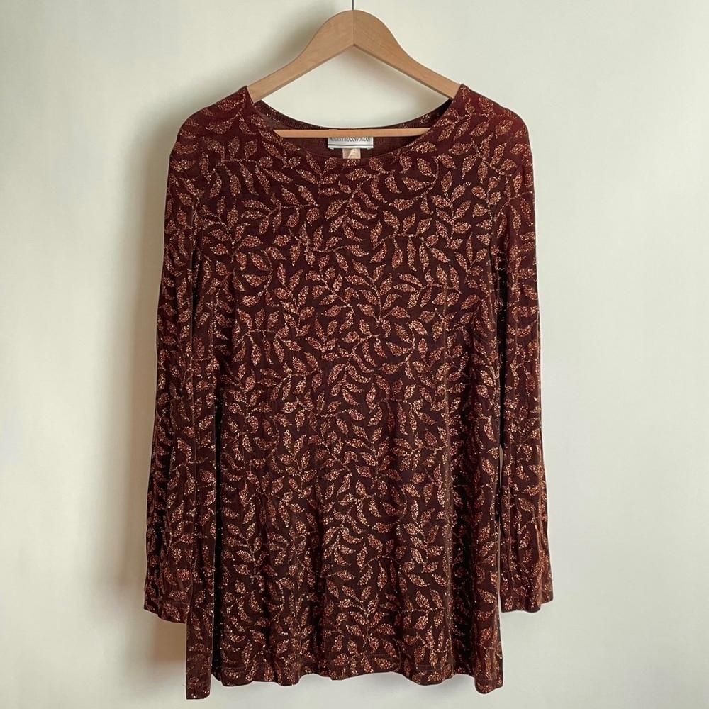 Vintage August Max Brown & Gold Leaf Patterned Long Sleeve Blouse Size 18W - Picture 4 of 14